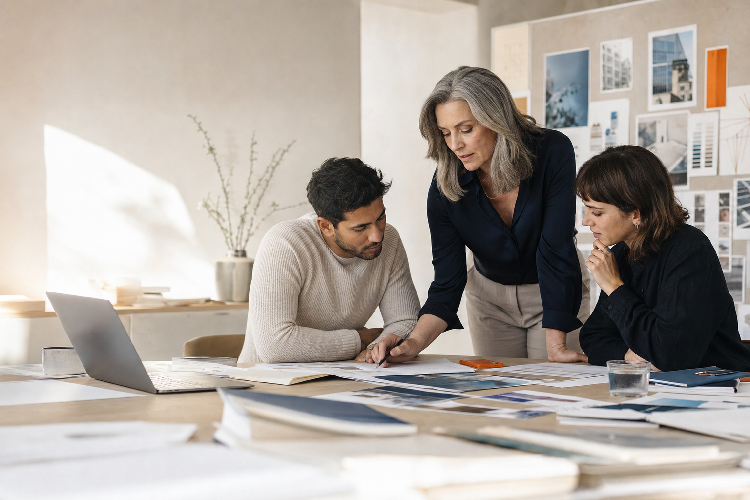 A senior marketing lead working collaboratively with a small team in a bright studio